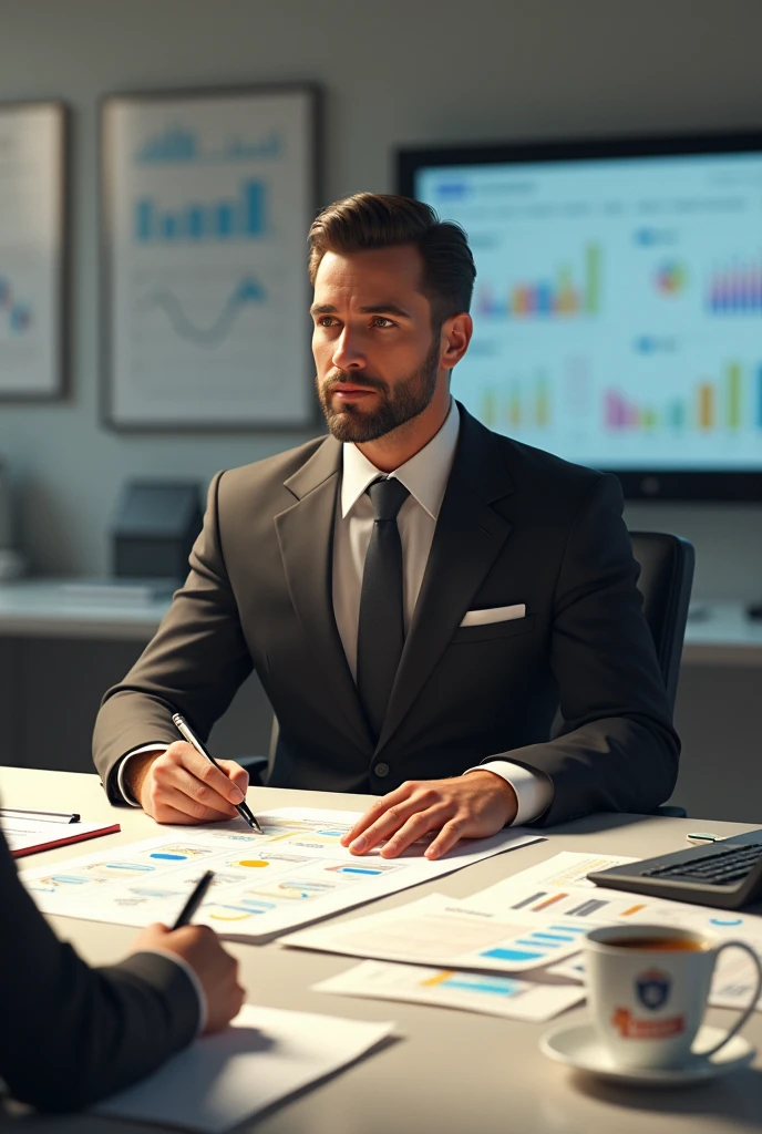 To create a realistic image of "CAPRICORNIO, the CEO of the Organization", consider the following details:

1. **General appearance**: An individual with a professional and organized appearance, perhaps wearing a suit or a set of impeccable business attire. He may have a confident and determined posture, with an expression of focus and efficiency.

2. **enviroment**: The background should reflect a well-organized work environment, like a modern and tidy office. There may be a large work desk with a computer, papers, folders and a diary.

3. **Action**: CAPRICORNIO está no meio de uma reunião ou planejamento, with graphics, spreadsheets and documents spread out in an orderly fashion on the table. He may be using a projector or screen to present a detailed plan., with a well-structured schedule visible.

4. **Accessories**: Include elements such as a detailed calendar, a calculator, and perhaps a coffee cup with a logo or phrase that represents your dedication and sense of humor.. There may be a meticulously organized to-do list on a clipboard or tablet.

5. **enviroment Profissional**: Lighting must be clear and efficient, reflecting a productive work environment. The office can have minimalist decor, with neutral colors and an air of sophistication.

Esta imagem deve transmitir a imagem de CAPRICORNIO como um líder organizado e meticuloso, that brings order and efficiency to any situation, always with a touch of lightness and good humor.