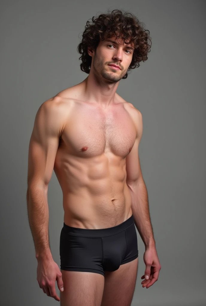 white man with curly hair, tight boxer briefs, pink body with greek structure, but no body hair