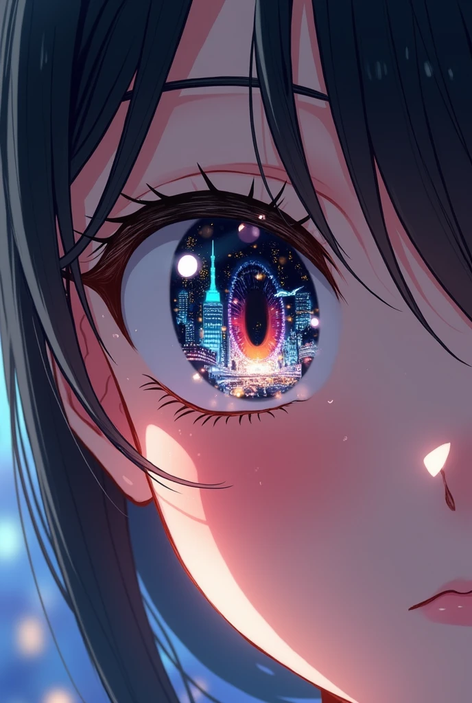 Anime style woman eye reflecting city realistic image
