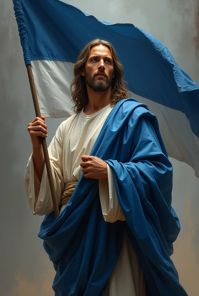 Jesus holding a tricolor flag in blue, white and black
