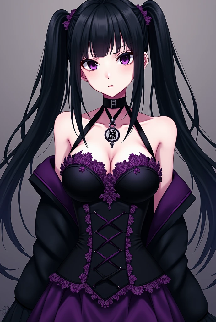 Black eyed anime girl, pale skin frowning face, black hair with two long straight ponytails, black corset with purple lace and black and purple skirt, Kuromi symbol, anime styling.