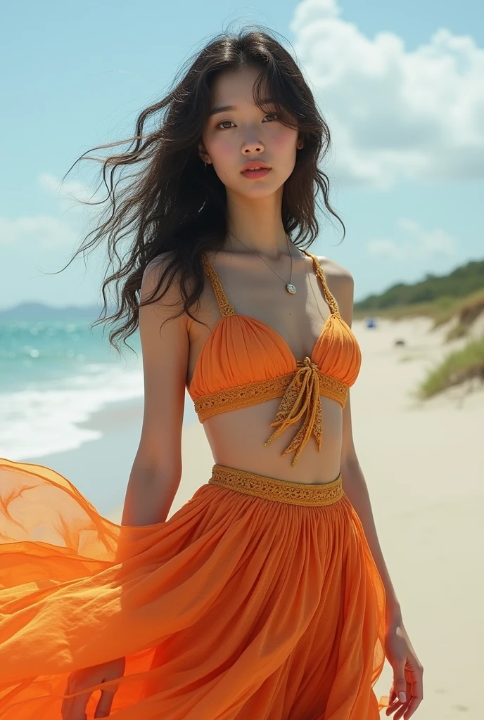A young and beautiful Korean woman with curly hair, wearing a skirt similar to those of Spanish gypsies, standing by a beach where no other people are visible.