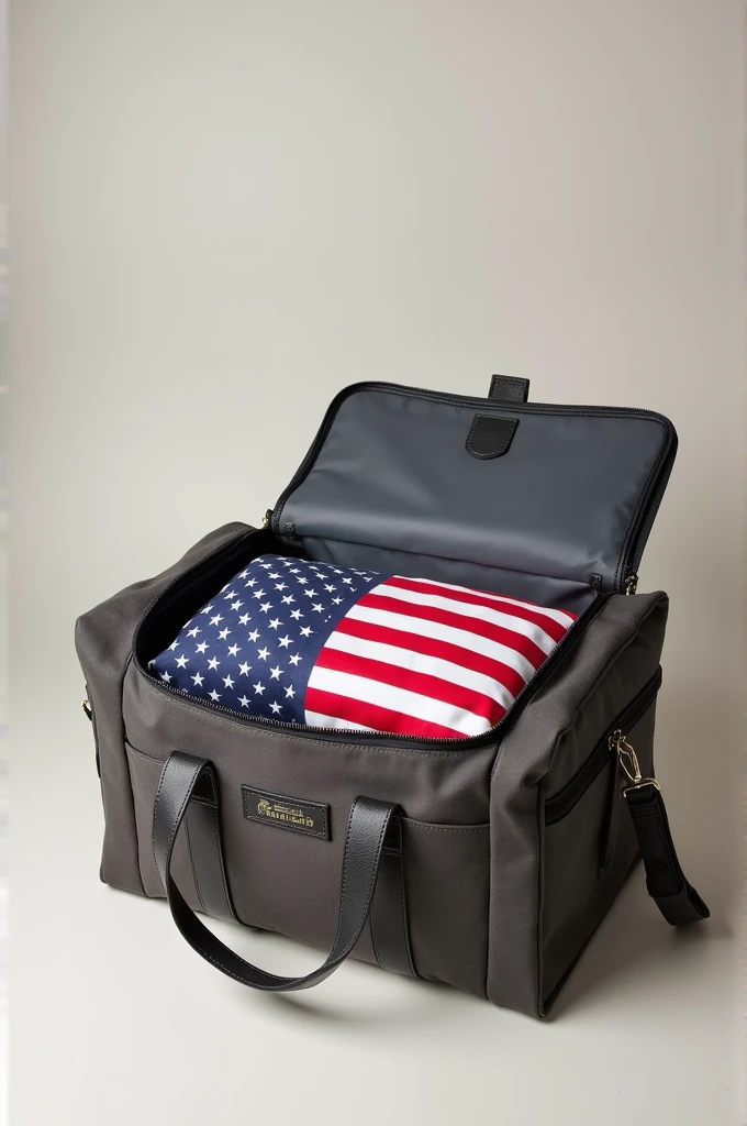 Organized open women's travel bag with US flag inside
