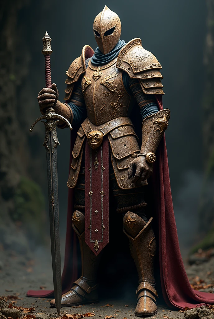 A complete suit of armor made entirely out of cookies. The armor is a medieval style of dark souls elegant and is made up of cookies and the helmet cover all the head and have a mask to protect his face and the helmet is made up cookies too. armor with high movility with a long sword medieval made up of cookies too. slim