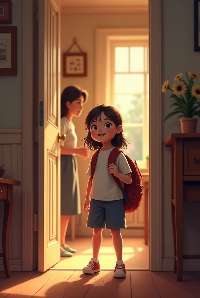 Girl closes the door and arrives home and greets her mother