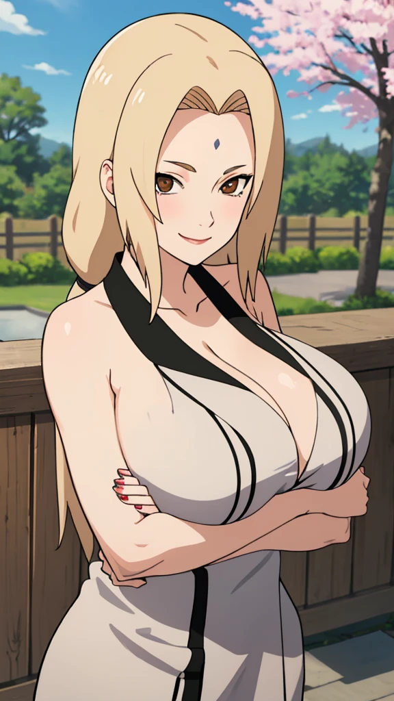 masterpiece, Best quality at best, (1girl), Tsunade Senju,fullbody, Large breast,(upperbody closeup), (towel), Raised sexy, shy,smile,long blonde hair, (brown eyeballs:1.4), the cherry tree, hot springs, busty figure, huge breats, busty,