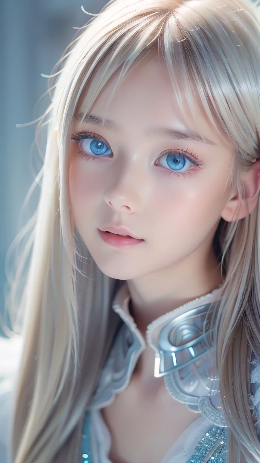 highest quality、8K Masterpiece、Ultra-high resolution、(Realistic:1.3)、RAW Photos、14 year old girl of Scandinavian descent with shiny blonde hair、Silvery blonde hair、Super long straight hair、Bangs between the eyes、bangs over eyes、片bangs over eyes、Bangs between the eyes、White and lustrous skin、1. Cyberpunk Super Beautiful Soldier、((Ultra-Realistic Details))、Portraiture、Global Illumination、Shadow Realm、Octane Rendering、8K、Super sharp、Metal、Cold colors、、Very intricate details、Realistic Light、CG Association Trends、Very beautiful, large light blue eyes、Very big eyes、Eyes shining towards the camera、Neon Details、Small Face Beauty、Round face、Cheek highlight