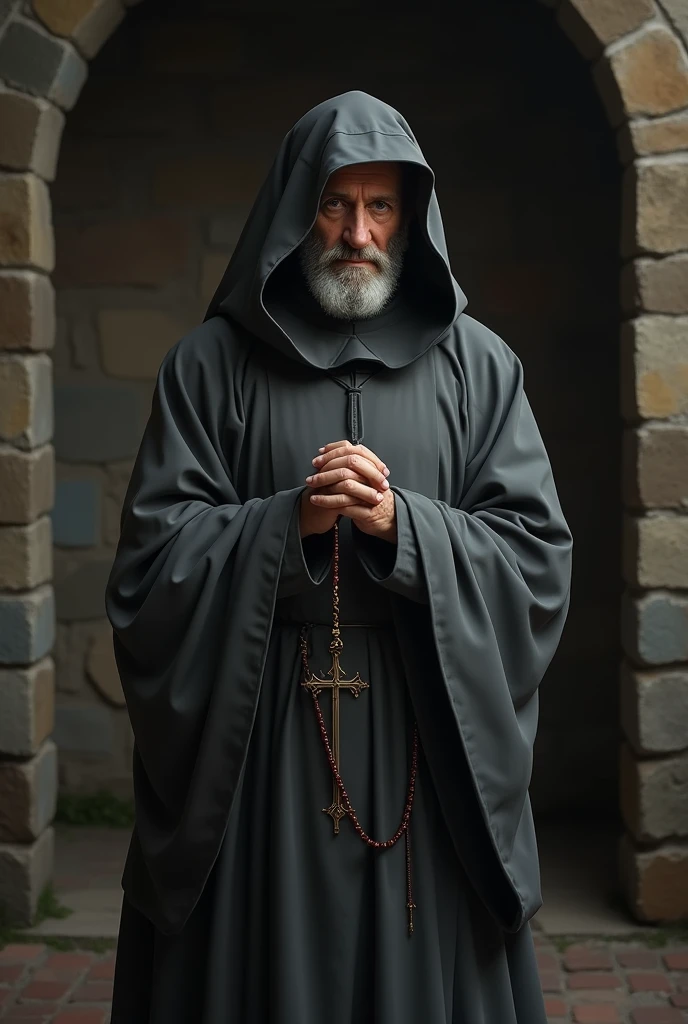 Create a monk of the roman Catholic Church, in a gray robe attire. and a cap.