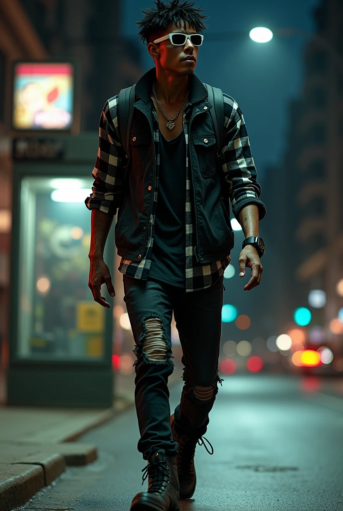 Young brown man, black short hair, hurt nose, hurt hands, 20 years old white sunglasses,  rock'n roll style black clothes, black and white plaid shirt, combat boots, black vest, backpack on his back, walking along a street at night, bus stop behind him, lamppost lighting on top of him, city background at night with bus stop, behind him, full body image