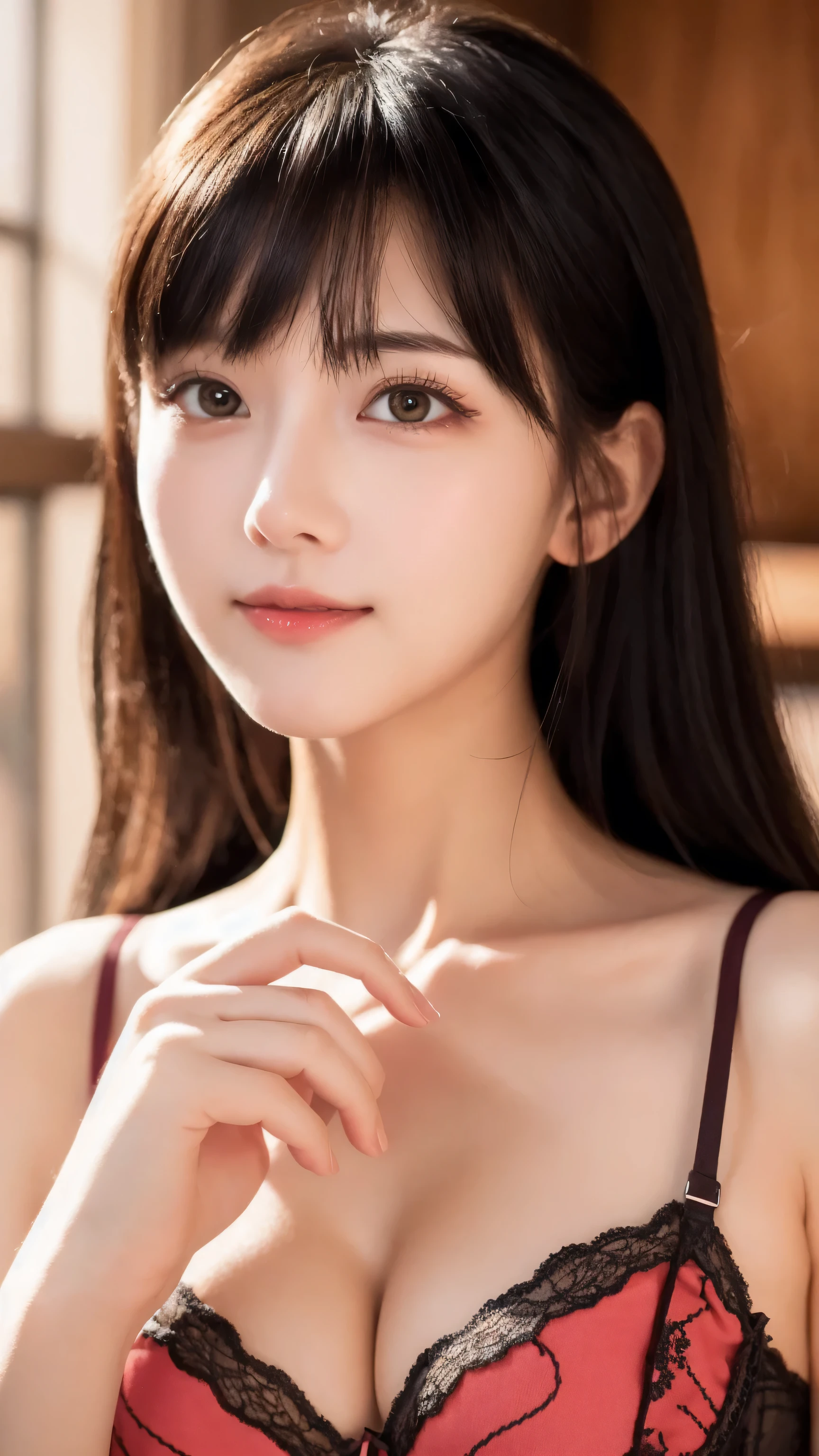 (8k, RAW Photo, Best Quality, Masterpiece:1.2), table top, Ultra Detail, Super Resolution, (Realistic, Realistic Photo:1.37), Portrait, High Detail RAW Color Photo, Professional Photo, Extremely Detailed and Beautiful, Extremely detailed, 8k wallpaper, amazing and detailed, huge file size, official art, highly detailed CG unity 8k wallpaper, highly detailed beautiful girl, highly detailed face, highly detailed eyes, highly detailed skin, highly detailed fingers, highly detailed nose, very detailed detailed mouth , perfect anatomy, highly detailed background, highly detailed clothes, 1girl, 17 year old girl, cute girl, realistic body, fair skin, glowing skin , slim body, handsome body, black hair , semilong hair, (blunt bangs:1.2), smile, cute, youthful, cute face, realistic face, delicate eyes, drooping eyes, looking at viewer, facing front, standing posture, Contraposto, dynamic lighting, (medium chest), (Perfect Body Proportions), (slender Body Proportions), (bedroom), super sexy pose, ((colorful lingerie)),