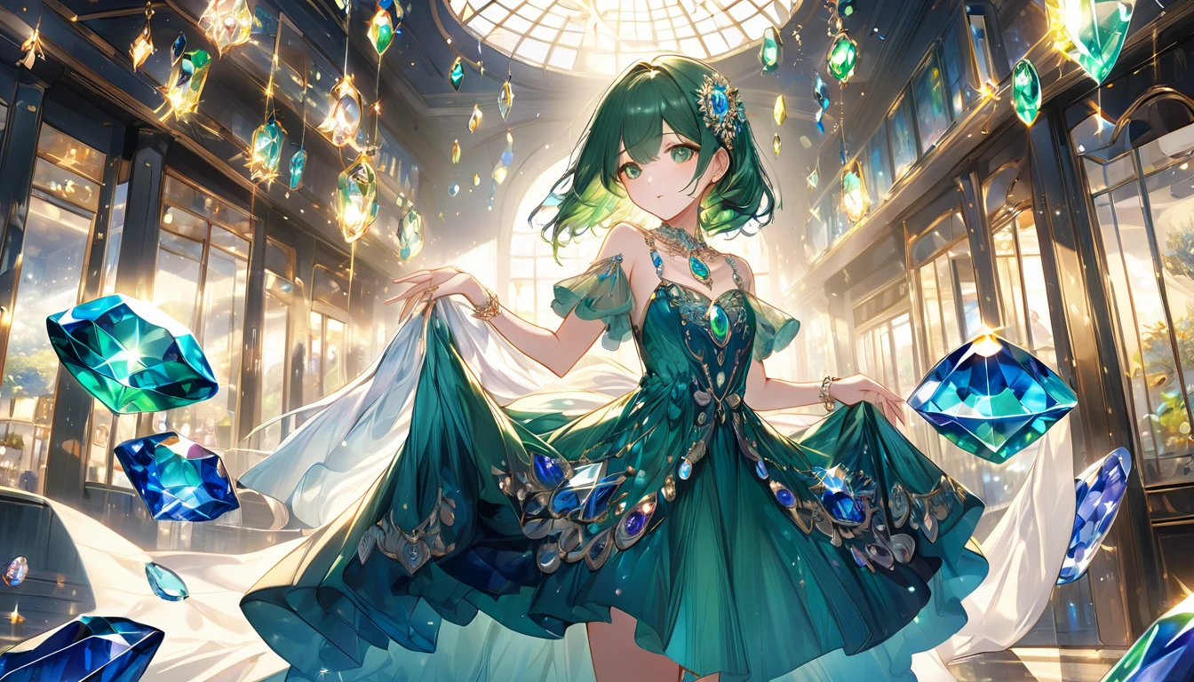 **310. One person。Jewelry personification。The embodiment of a jewel that glows from within。Cowboy shot or close-up。
masterpiece, best quality, ultra detailed (Detailed fingers), (Emotional), (Breathtakingly beautiful),
(main part: 1.2 Whole body。), (Anime Style), (Very detailed), (Personification of gems),
(超High resolution, High resolution), (8k), (High resolution: 1.2), (Complex and beautiful: 1.2)**
- background: A luxury jewelry store with lots of light、A landscape surrounded by shining glass cases。
- Personification: Young woman, around 18 years old、Wearing a gorgeous dress with emeralds and sapphires。
-pose: Standing with grace、Holding a sparkling jewel in her hand。
-expression: Intelligent and elegant、A face that shines quietly like a jewel。
- Effects: The light reflects off the gem、Beautiful lighting effects for your surroundings。
-color: Emerald green and deep blue、A hue that symbolizes the deep brilliance of gemstones。