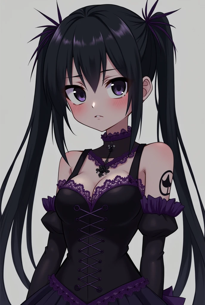 Kizi, black anime eyes, pale skin frowning face, black hair with two long straight ponytails, black corset with purple lace and black and purple skirt, Kuromi symbol, anime styling.