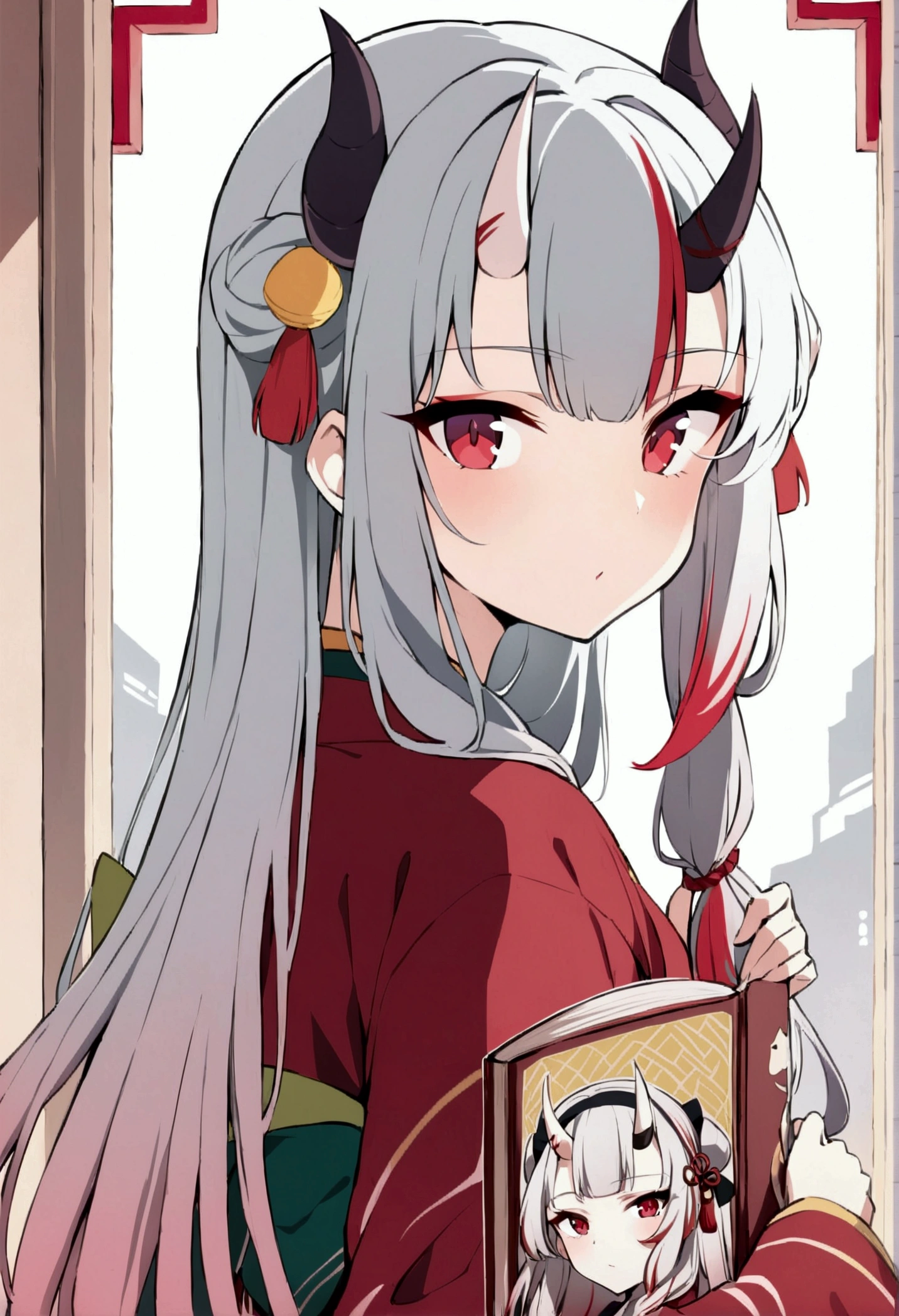 8k, Highest quality, Manga style, View your viewers, Intricate details,One person, Nakiri Ayame, 2Demon horns in the book, Multicolored Hair, Long Hair, Red eyes, Gray Hair, kimono,