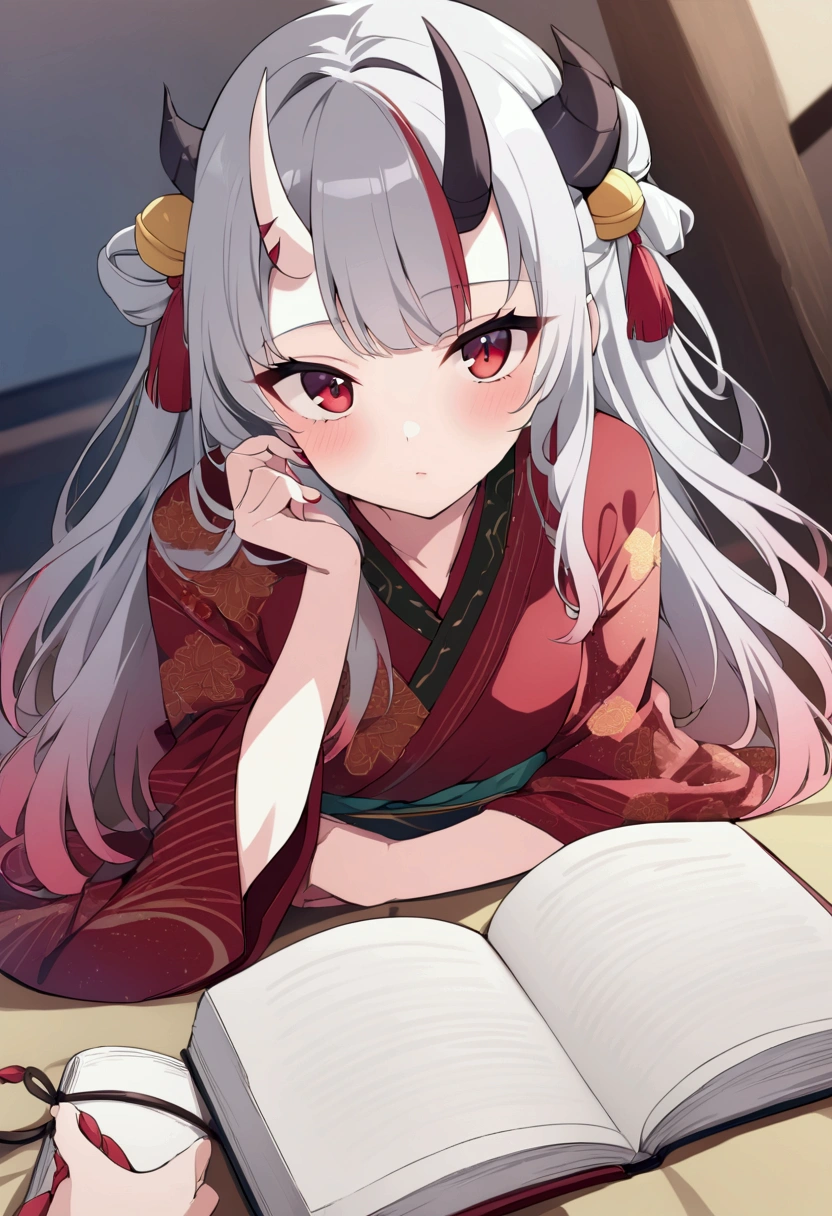 8k, Highest quality, Manga style, View your viewers, Intricate details,One person, Nakiri Ayame, ２Demon horns in the book, Multicolored Hair, Long Hair, Red eyes, Gray Hair, kimono,