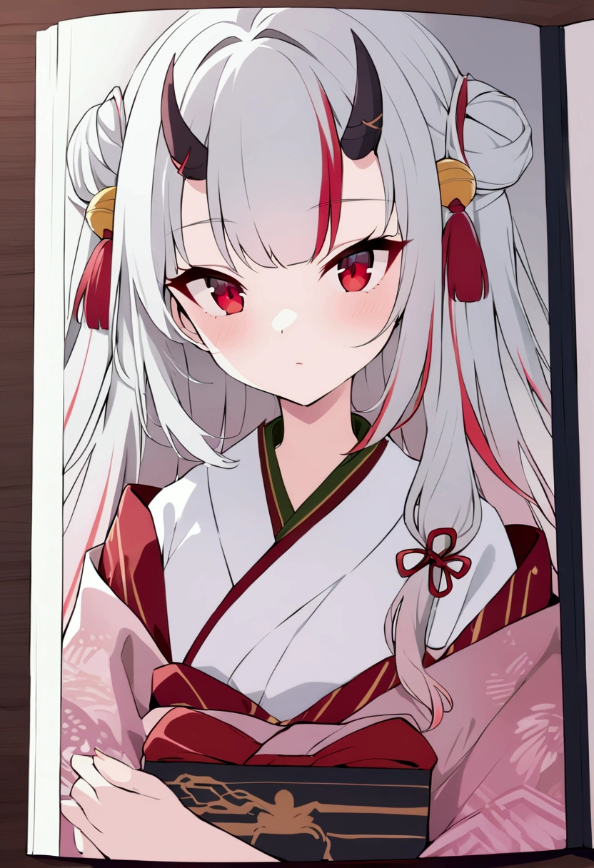 8k, Highest quality, Manga style, View your viewers, Intricate details,One person, Nakiri Ayame, ２Demon horns in the book, Multicolored Hair, Long Hair, Red eyes, Gray Hair, kimono,