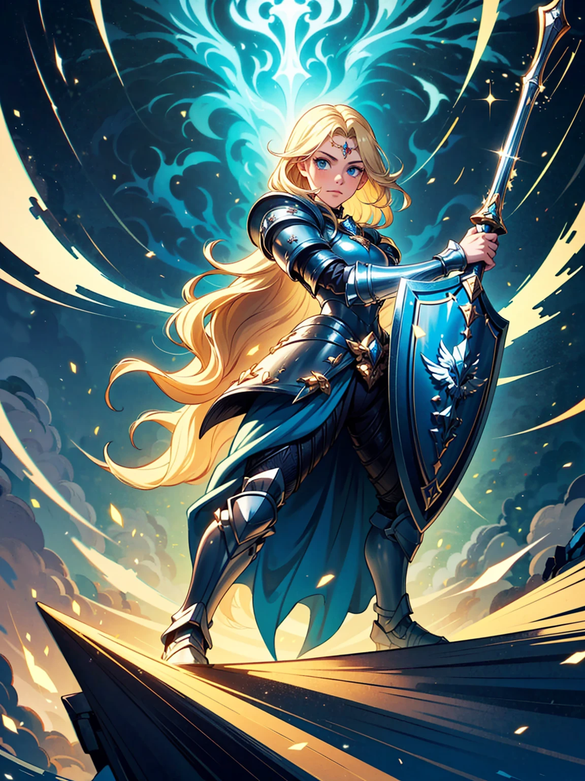 (((masterpiece, best quality, high detailed, 16k))) (1girl) A noble knight with flowing blonde hair and bright blue eyes, clad in shining silver armor adorned with royal blue accents. She carries a large shield emblazoned with a regal lion and wields a longsword that glows with holy light. Her stance is strong and unyielding, exuding an aura of protection and valor. ((full body view))