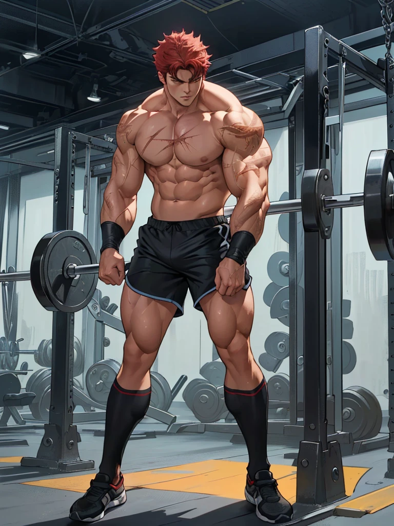 (work of art, best qualityer,)((detailded)) (one men) 肌肉男, Red hair, Eyes red, Homem com raiva, defined muscles, cross cut scar on chest, gym shorts, one men com corpo musculoso, muscular character, photo by full body, superhero body, full character body, full body concept, detailded full body concept, muscle body with battle scars, figura muscular, realistic proportions!!, full body and head, the embodiment of anger