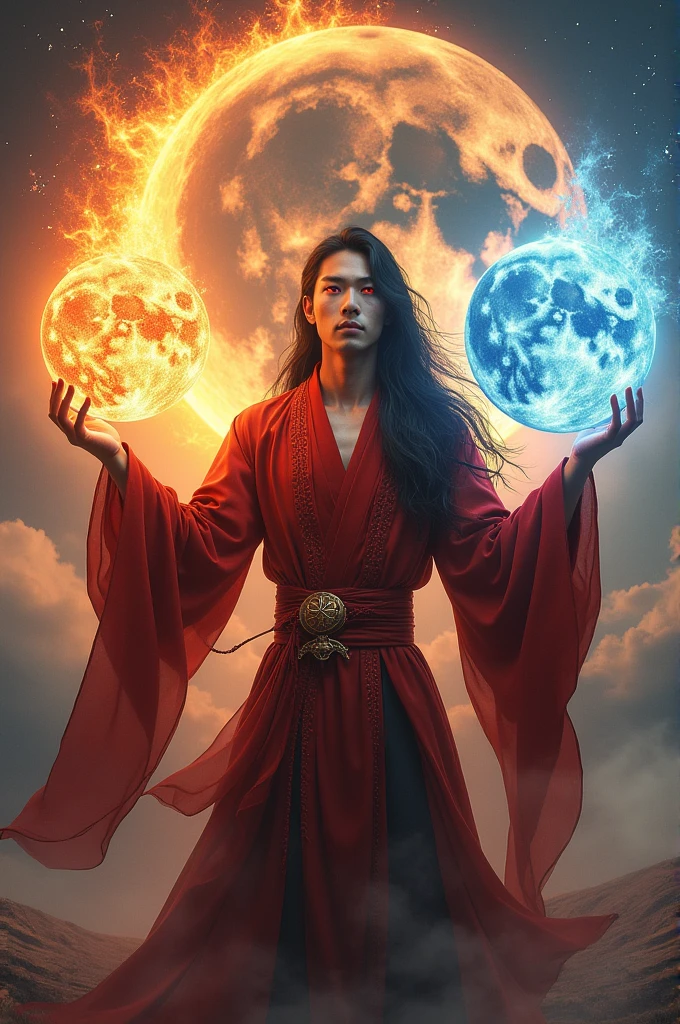 Handsome protagonist xianxia,red crimson eyes and long black hair,hold sun and moon on the hand,detailed,better quality,ultra hd