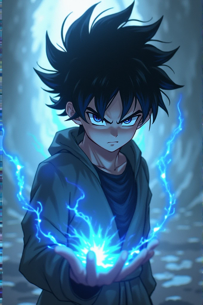 A young black-haired Undead-style boy from the game Identity V with Goku&#39;s imperfect ultra instinct ki.
