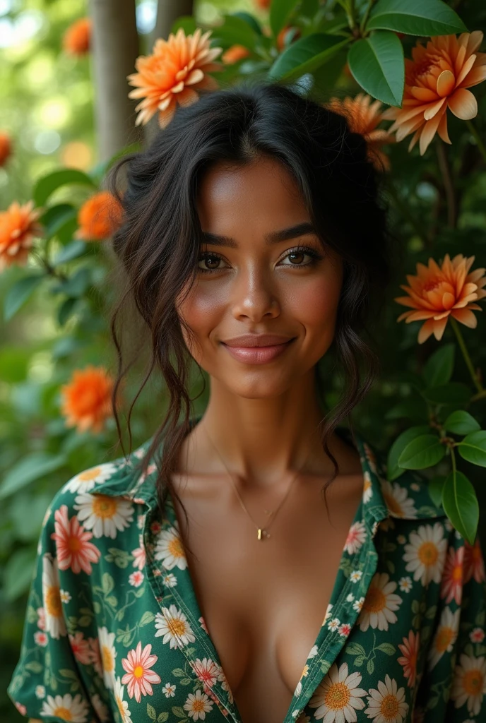 A Brazilian woman in a lush tropical garden, wearing an open shirt with a floral print, with a close-up capturing the harmonious beauty between her breasts and the natural flowers, showing off your natural charm and outgoing personality.