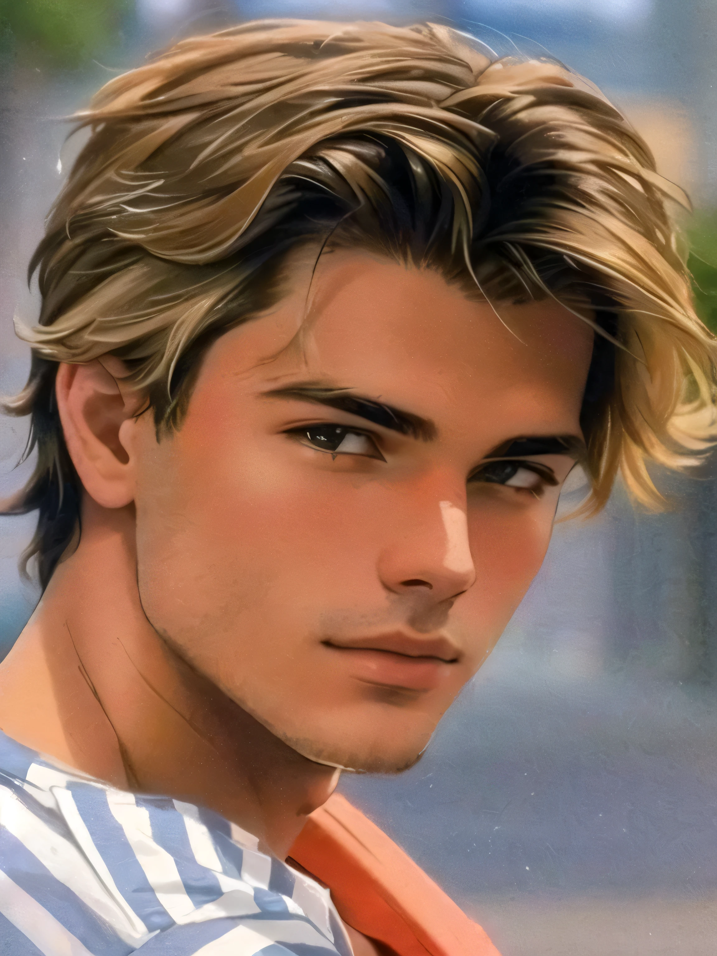 a close up of a young man with a striped shirt on