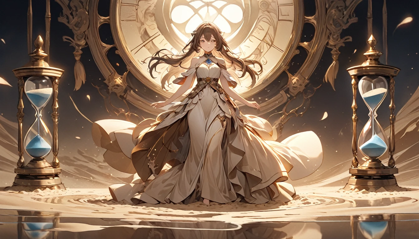 **311. One person。Personification of the hourglass。The hourglass symbolizes the flow of time。Cowboy shot or close-up。  
masterpiece, best quality, ultra detailed (Detailed fingers), (Emotional), (Breathtakingly beautiful),  
(main part: 1.2 Whole body。), (Anime Style), (Very detailed), (Personification of hourglass),  
(超High resolution, High resolution), (8k), (High resolution: 1.2), (Complex and beautiful: 1.2)**
- background: In a quiet room、A scene with an hourglass with sand flowing quietly。
- Personification: Young woman, around 18 years old、Wearing a dress designed to look like slowly flowing sand。
-pose: Standing quietly watching the sand flow by。
-expression: A sense of sadness and serenity、Facial expressions symbolizing the passage of time。
- Effects: The sand flows slowly、Time passing effects。
-color: Beige and brown、A color that symbolizes the warmth of sand and the transience of time.。
