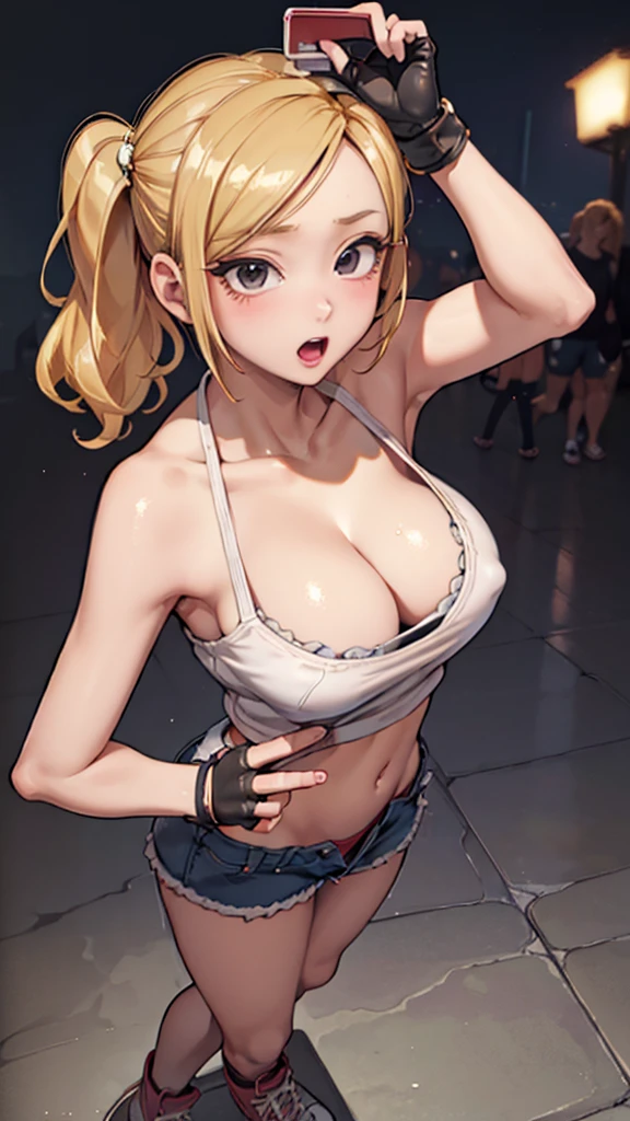 ((MangabiRumiko)), (masterpiece), best quality, expressive eyes, perfect face, highres, (8k), (perfect face), (ultra details), 1 girl, solo, large breasts, terry bogard girl, blonde hair, twintails, gray eyes, long hair, baseball cap, fingerless gloves, denim shorts, shoes, blushing, frightened, anguished, open-mouthed, room background, no posing, standing, portrait, looking herself