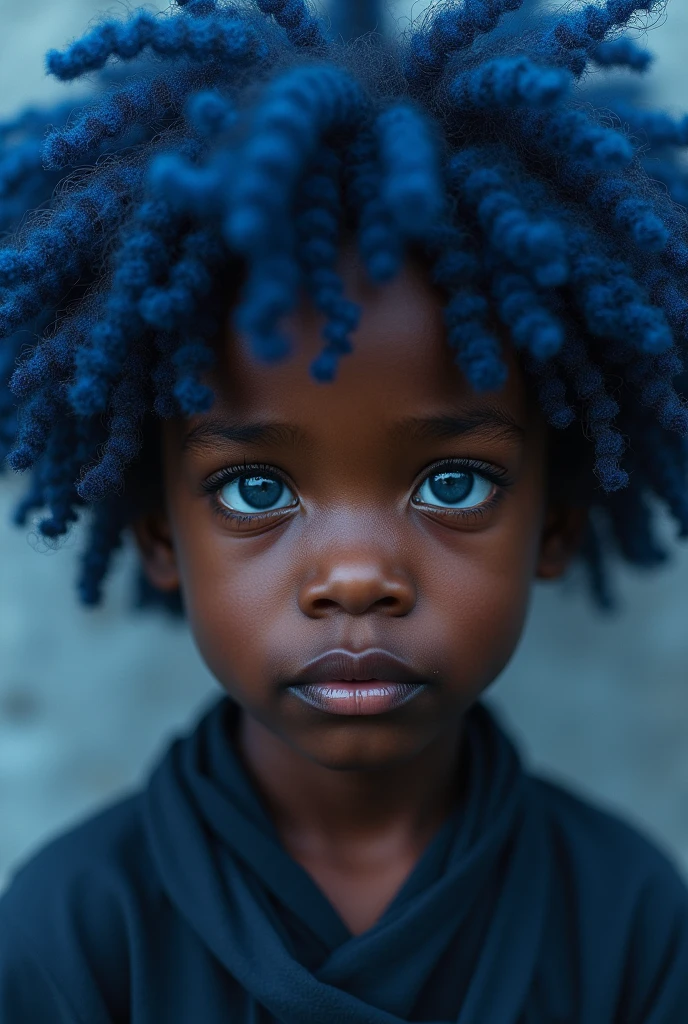 A black boy with indigo eyes and indigo blue hair