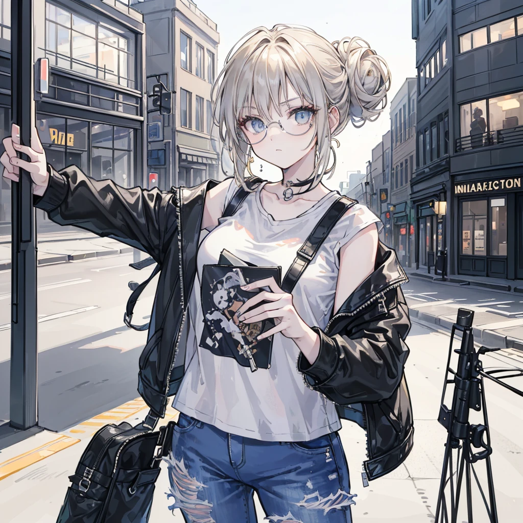 (masterpiece:1.2, best quality), 1. Ms., Solitary, Upper Body, Big , Chic and avant-garde leather jacket with white T-shirt and ripped jeans,Light makeup and messy bun,Confident and relaxed (Music festivals or trendy downtown neighborhoods) Statement sunglasses and large jewelry, Comes with a convenient crossbody bag