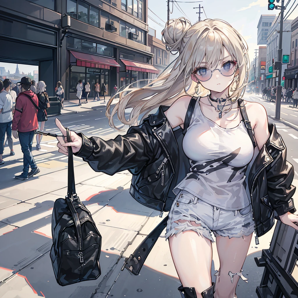 (masterpiece:1.2, best quality), 1. Ms., Solitary, Upper Body, Big , Chic and avant-garde leather jacket with white T-shirt and ripped jeans,Light makeup and messy bun,Confident and relaxed (Music festivals or trendy downtown neighborhoods) Statement sunglasses and large jewelry, Comes with a convenient crossbody bag