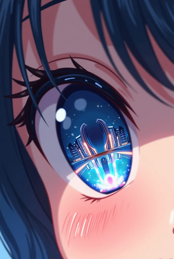 Woman eye close up very close anime style reflecting city realistic image
