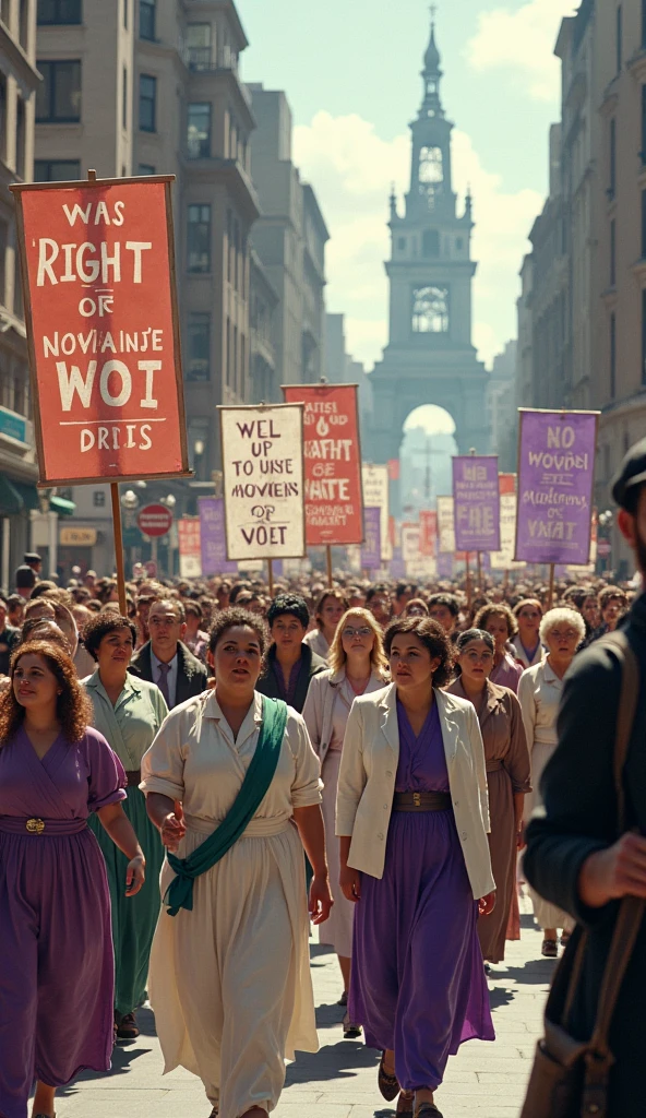 A group of suffragettes marching with banners.