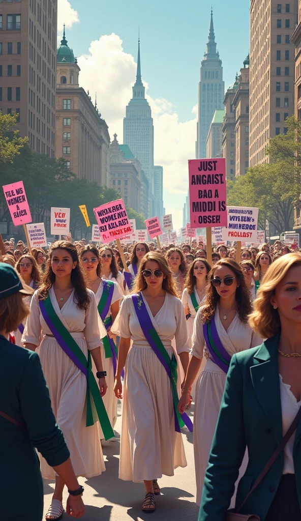 A group of suffragettes marching with banners.