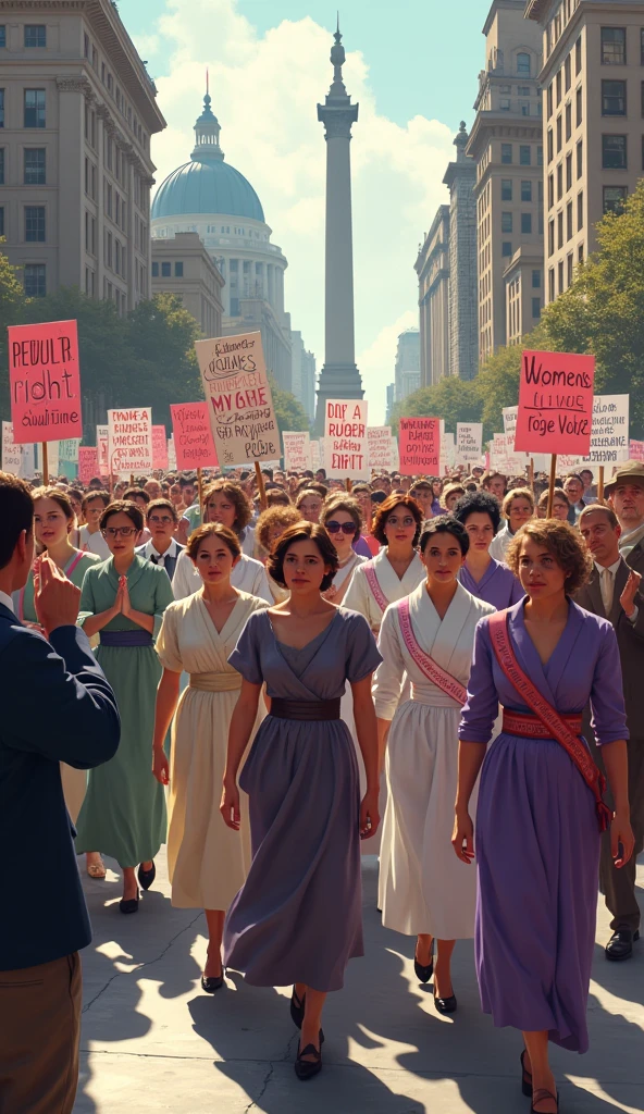 A group of suffragettes marching with banners.