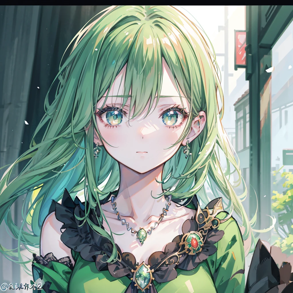 A woman in a green dress、Close-up of woman wearing necklace, guweiz style artwork, Realistic anime 3D style, Beautiful anime portrait, Anime realism style, Detailed portrait of anime girl, Beautiful character painting, author:Yang J, Stunning anime face portraits, Realistic anime art style, Portrait of anime girl, Beautiful anime style