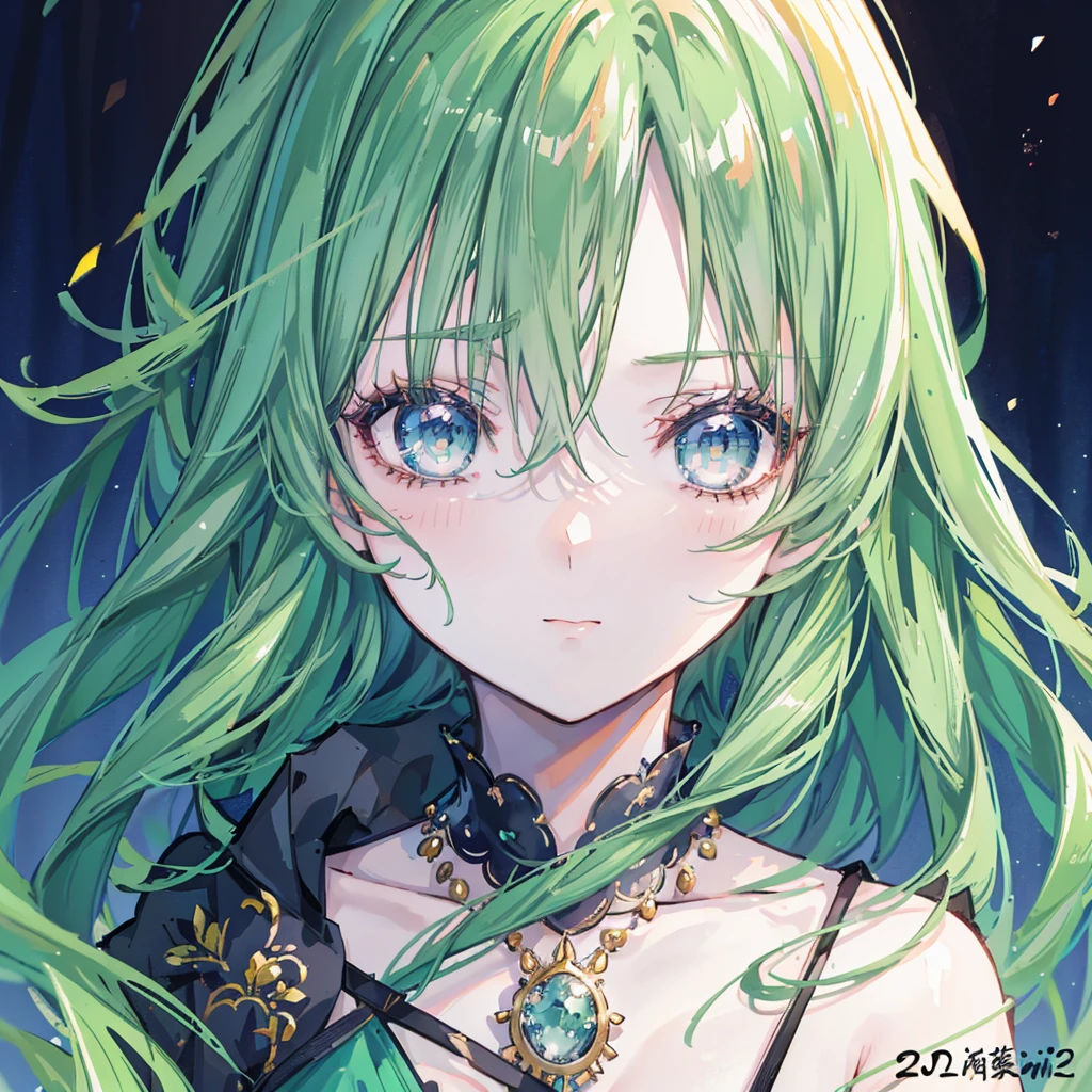 A woman in a green dress、Close-up of woman wearing necklace, guweiz style artwork, Realistic anime 3D style, Beautiful anime portrait, Anime realism style, Detailed portrait of anime girl, Beautiful character painting, author:Yang J, Stunning anime face portraits, Realistic anime art style, Portrait of anime girl, Beautiful anime style