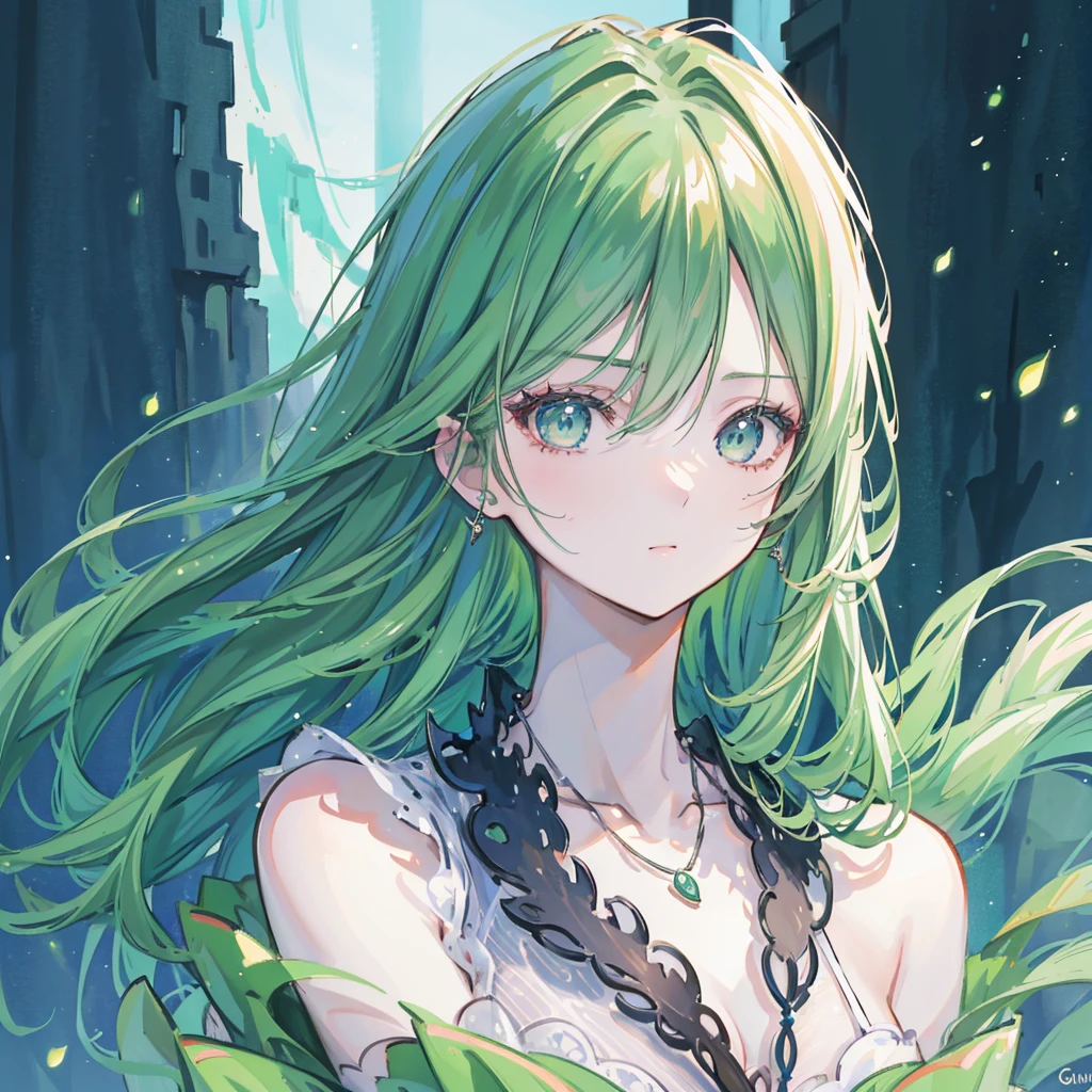 A woman in a green dress、Close-up of woman wearing necklace, guweiz style artwork, Realistic anime 3D style, Beautiful anime portrait, Anime realism style, Detailed portrait of anime girl, Beautiful character painting, author:Yang J, Stunning anime face portraits, Realistic anime art style, Portrait of anime girl, Beautiful anime style