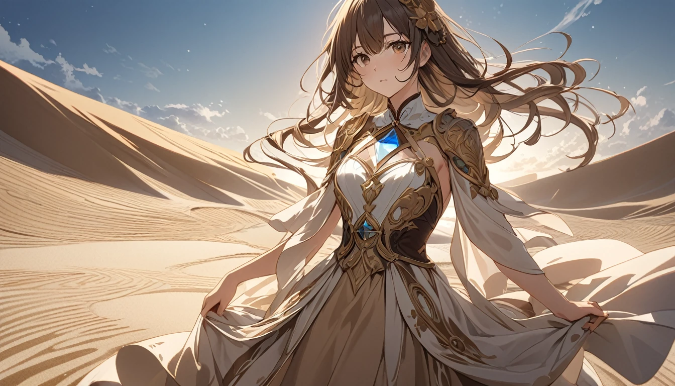 311. One person。Personification of the hourglass。The hourglass symbolizes the flow of time。Cowboy shot or close-up。
masterpiece, best quality, ultra detailed (Detailed fingers), (Emotional), (Breathtakingly beautiful),
(main part: 1.2 Whole body。), (Anime Style), (Very detailed), (Personification of hourglass),
(超High resolution, High resolution), (8k), (High resolution: 1.2), (Complex and beautiful: 1.2)
- background: In a quiet room、A scene with an hourglass with sand flowing quietly。
- Personification: Young woman, around 18 years old、Wearing a dress designed to look like slowly flowing sand。
-pose: Standing quietly watching the sand flow by。
-expression: A sense of sadness and serenity、 expressions symbolizing the passage of time。
- Effects: The sand flows slowly、Time passing effects。
-color: Beige and brown、A color that symbolizes the warmth of sand and the transience of time.。