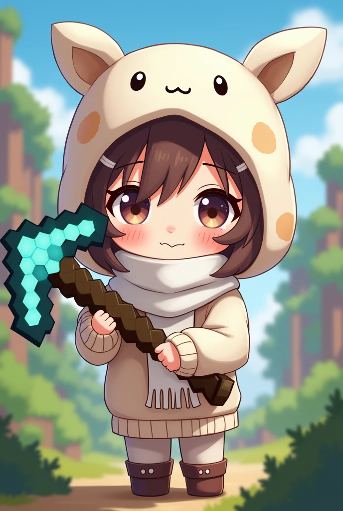 The chibi anime character is wearing a white scarf.、Wearing a white and brown sweater、I&#39;m using a diamond pickaxe from Minecraft。 