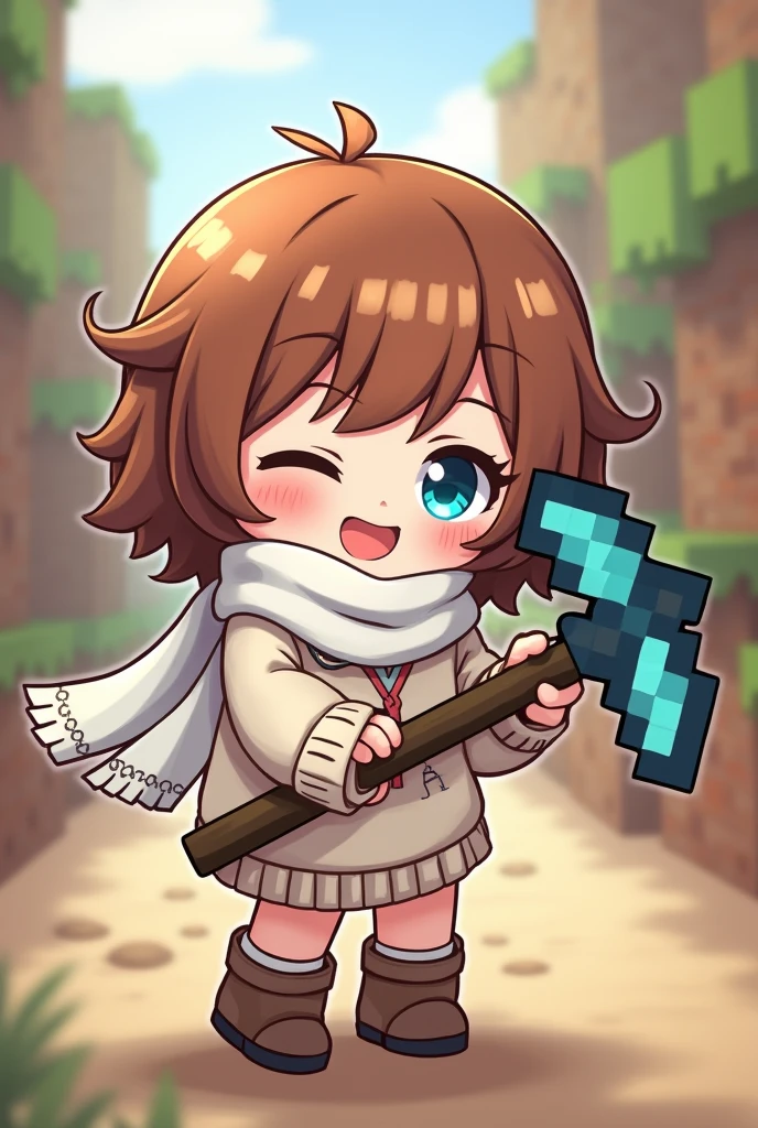 The chibi anime character is wearing a white scarf.、Wearing a white and brown sweater、I'm using a diamond pickaxe from Minecraft。