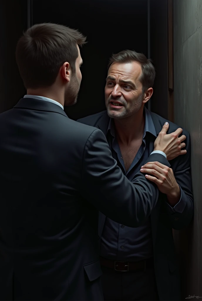 A man talking desperately to his friend Change the man on the left 