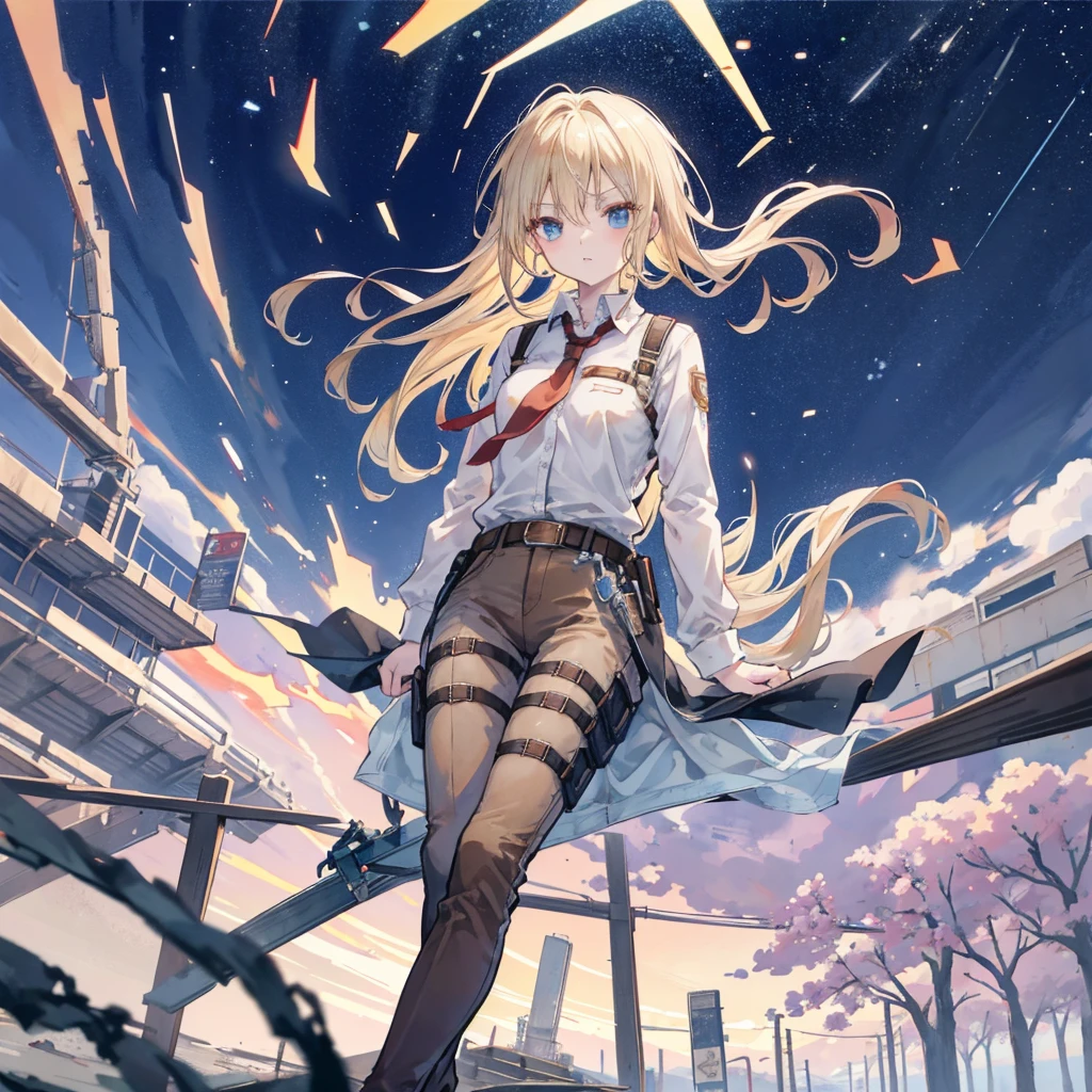 Otto style, Attack on Titan,, , Christa Lenz,, 1 Girl, belt, belt Buckle up, Blonde Hair, blue eyes, 棕色shoe类, brown Pants, Buckle up, chest belt, collared shirt, diamond (shape), Flowing hair, from the side, whole body, Gray background, Hair between the eyes, Hands on thighs, Long hair, Long sleeve, Looking ahead, own hands, Pants, Open your mouth, shirt, shoe, sit, Solitary, spark, Star (Symbolism), Thigh straps, white shirt, , , ((masterpiece)), best quality, ,