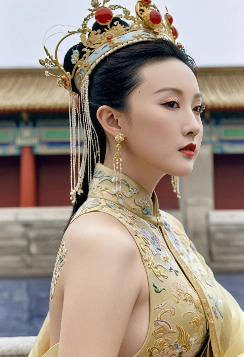 Empress of the Qing Dynasty wearing a Chinese crown, empress naked in profile, buttocks sticking out, posing outside the Qing Dynasty palace