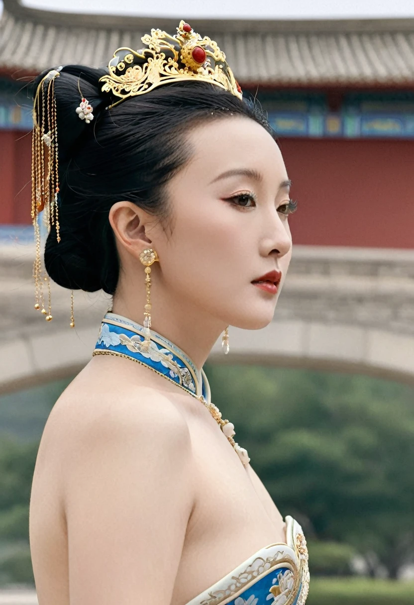 Empress of the Qing Dynasty wearing a Chinese crown, empress naked in profile, buttocks sticking out, posing outside the Qing Dynasty palace