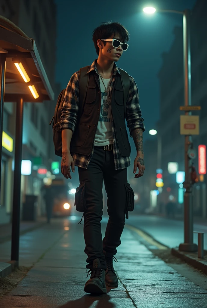 Young white man, black short hair, hurt nose, hurt hands, 20 years old white sunglasses, rock'n roll style black clothes, black and white plaid shirt, combat boots, black vest, backpack on his back, walking along a street at night, bus stop behind him, lamppost lighting on top of him, city background at night with bus stop, behind him, full body image