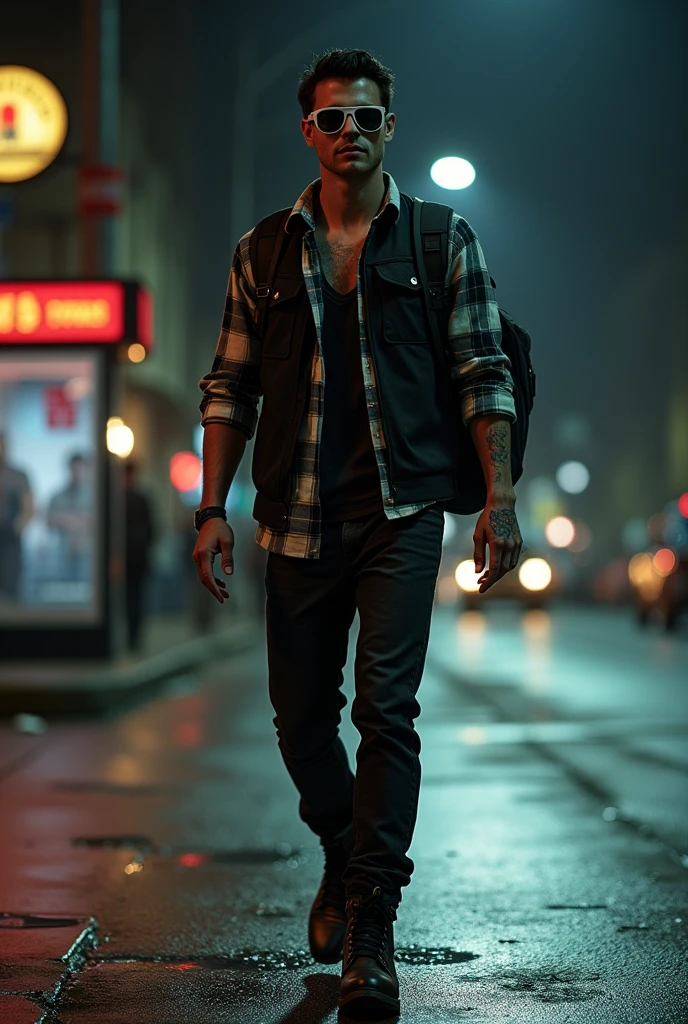 Young white man, black short hair, hurt nose, hurt hands, 20 years old white sunglasses, rock'n roll style black clothes, black and white plaid shirt, combat boots, black vest, backpack on his back, walking along a street at night, bus stop behind him, lamppost lighting on top of him, city background at night with bus stop, behind him, full body image
