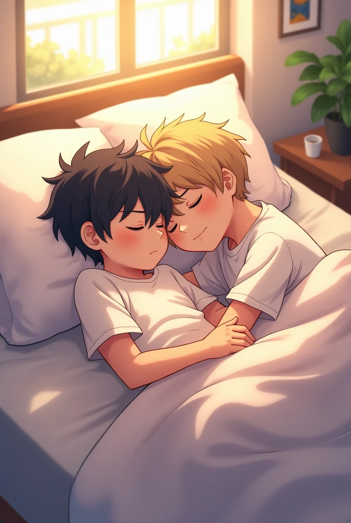 A cute anime image of two male agers sleeping snuggled up together in a bed is daytime
