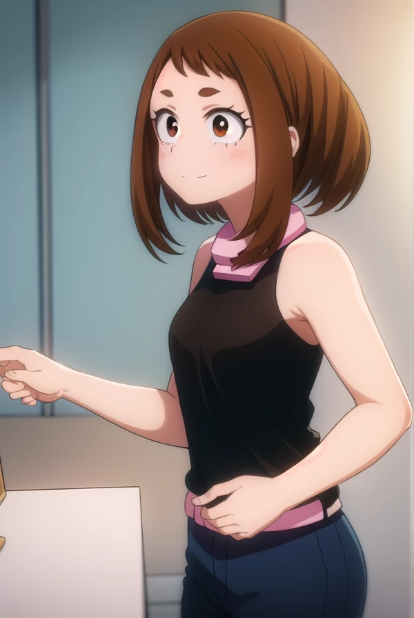 ochakouraraka, ochako uraraka, (uraraka ochako:1.5), (brown eyes:1.5), brown hair, short hair, blush, blush stickers, smile,
BREAK bare shoulders, pants, black shirt, tank top, blue pants, black tank top, track pants,
BREAK outdoors, city,
BREAK looking at viewer,
BREAK (masterpiece:1.2), best quality, high resolution, unity 8k wallpaper, (illustration:0.8), (beautiful detailed eyes:1.6), extremely detailed face, perfect lighting, extremely detailed CG, (perfect hands, perfect anatomy),