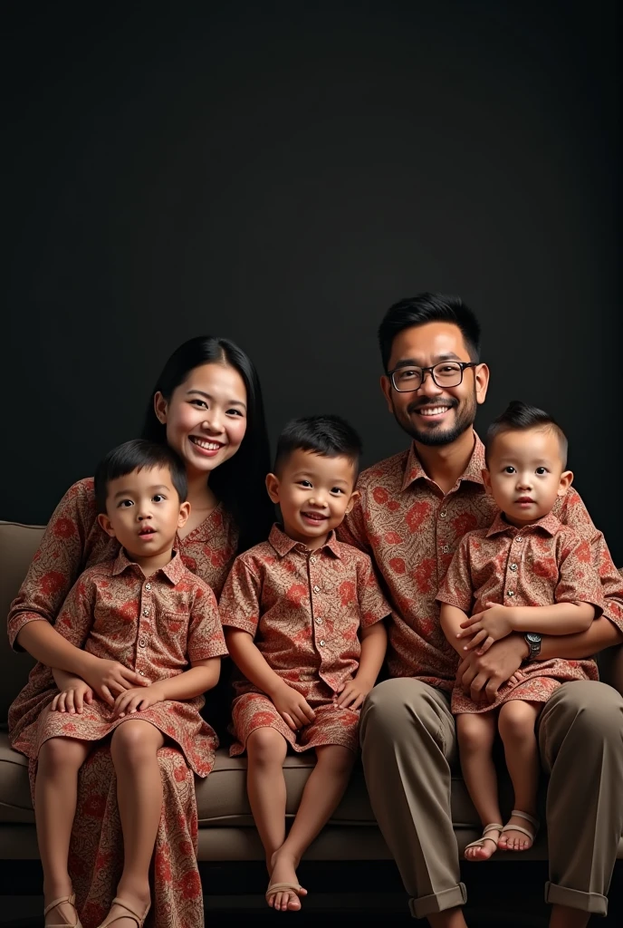 Create a highly realistic and highly detailed family portrait in high definition and resolution. The image should depict a family of five, including a father, a mother, three sons. They should all be wearing matching batik outfits, which conveys a cheerful atmosphere. The scene takes place in front of a sleek black backdrop with the family sitting comfortably on a plush sofa, adding a cinematic feel to the portrait.