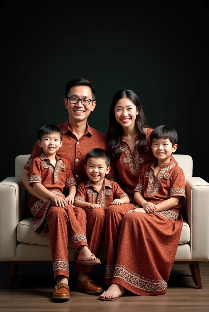 Create a highly realistic and highly detailed family portrait in high definition and resolution. The image should depict a family of five, including a father, a mother, three sons. They should all be wearing matching batik outfits, which conveys a cheerful atmosphere. The scene takes place in front of a sleek black backdrop with the family sitting comfortably on a plush sofa, adding a cinematic feel to the portrait.